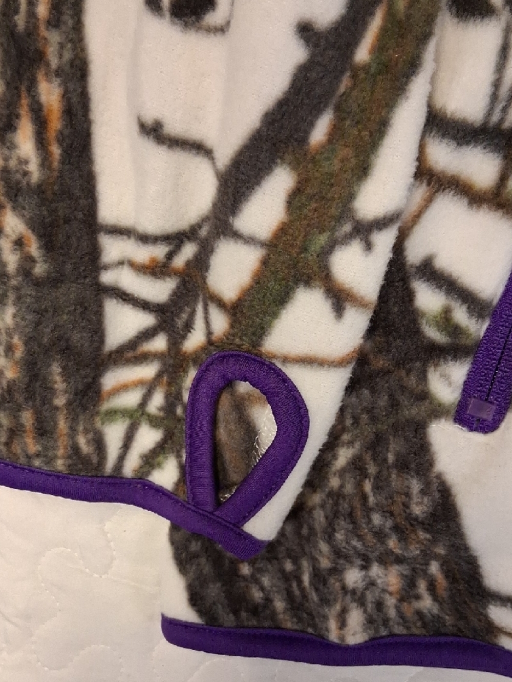 Mossy Oak White and Brown Realtree-Style Camo Fleece Jacket with Purple Accents. - Picture 2 of 13